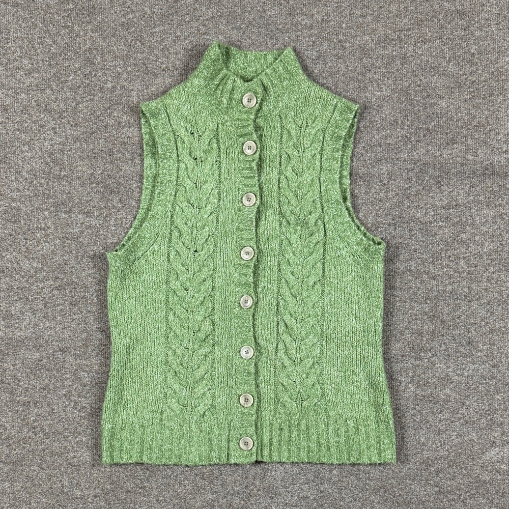 LL Bean Green Cableknit Sweater Vest Womens M High Neck Button Up Y2K Wool Blend